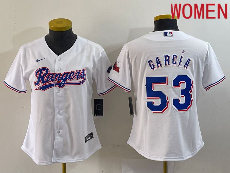 Women Texas Rangers 53 Garcia White Game Nike 2023 MLB Jersey style 1